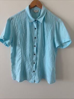 J. Jill Linen Pleated Short Sleeve Blouse Sea-glass Blue Size Medium